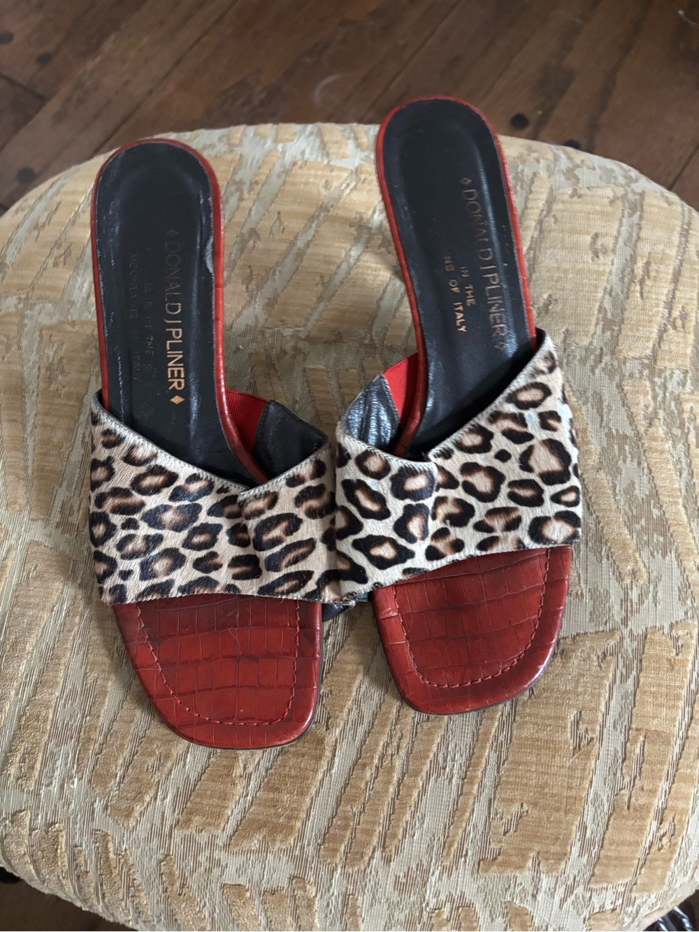 Donald J. Pliner Red Croc  leather slides with  Leopard horsehair  straps, sz 8